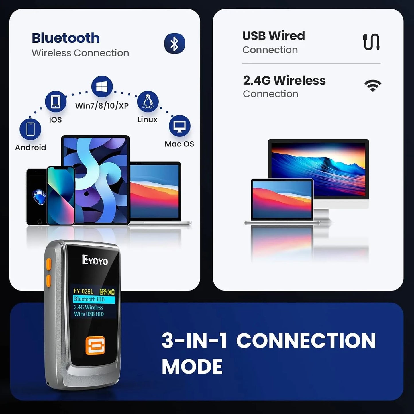 EYOYO Bluetooth QR 2D 1D Barcode Scanner With LED Display Wireless Laser Bar Code Reader for IOS Android Windows Mobile Payment