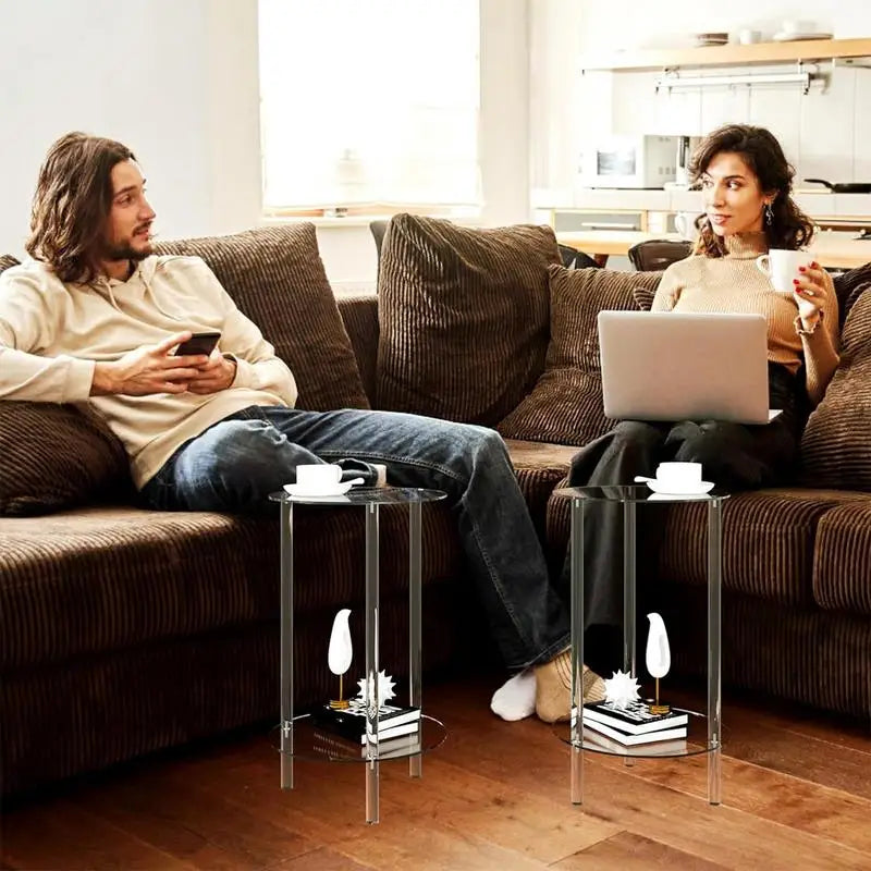 Table d'appoint ronde moderne en acrylique, idéale pour les petits espaces. Petite table d'appoint ronde transparente pour la décoration du salon et de la chambre.