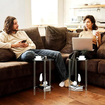 Table d'appoint ronde moderne en acrylique, idéale pour les petits espaces. Petite table d'appoint ronde transparente pour la décoration du salon et de la chambre.