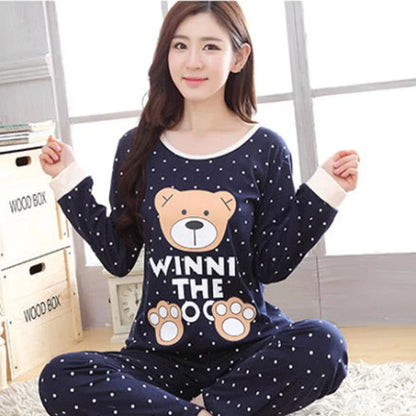 Autumn 2pieces Pyjamas Set Women Thin Sexy Sleepwear Lovely Home Suit 2025 Round Neck Girls Teacup SleepwearLong Sleeve Pajamas