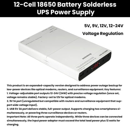 DC UPS 12-Cell Battery Power Supply Box Power Bank Kit 5V 9V 12V Output Optical Modem Router Uninterruptible Power Supply