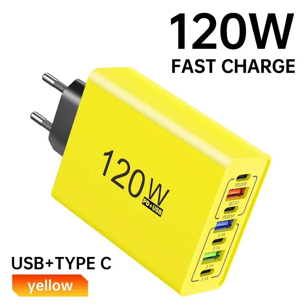 PD 120W USB Type C Fast Charging Mobile Phone Charger 7 Ports EU/US Plug Charger For iPhone Huawei Xiaomi Samsung Wall Charger