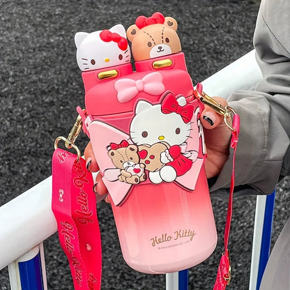 Hello Kitty Stainless Steel Insulated Cup, 550ML Portable Water Bottle for Outdoor Travel,Two Drinking Ways.  Cute Birthday Gift