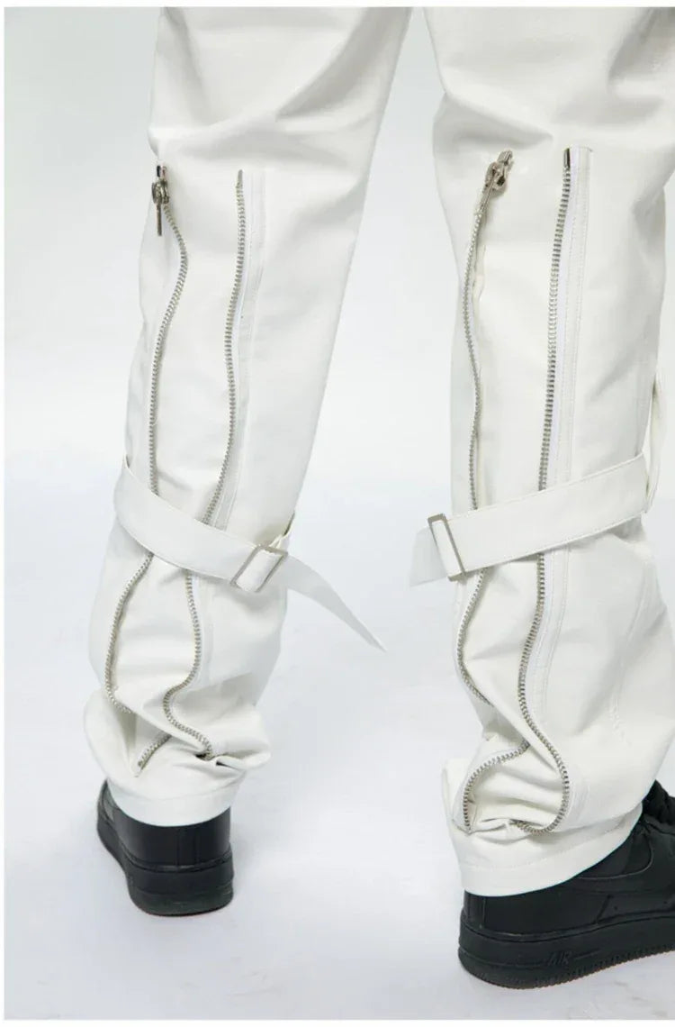 Mauroicardi Spring Autumn Cool Black Pu Leather Pants Men with Many Zippers Belt Luxury Designer Clothing Trousers Fashions 2023