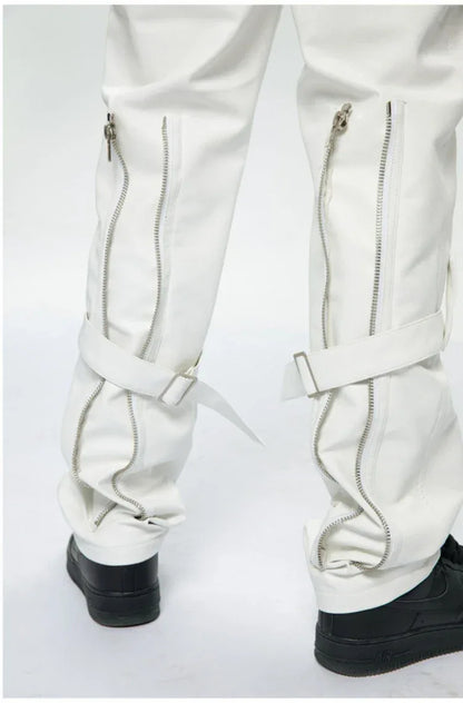 Mauroicardi Spring Autumn Cool Black Pu Leather Pants Men with Many Zippers Belt Luxury Designer Clothing Trousers Fashions 2023