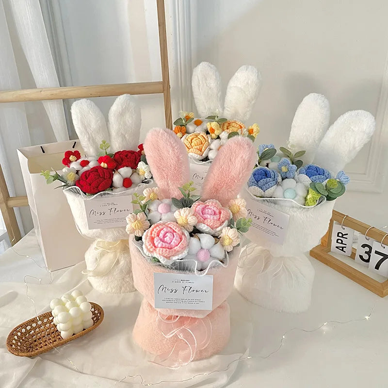 Rabbit Ears Crochet Flower Bouquet Handmade Completed Flower Bouquet with Gift Bag Creative Knit Rose Bouquet for Mother's Day