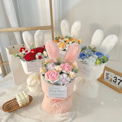 Rabbit Ears Crochet Flower Bouquet Handmade Completed Flower Bouquet with Gift Bag Creative Knit Rose Bouquet for Mother's Day