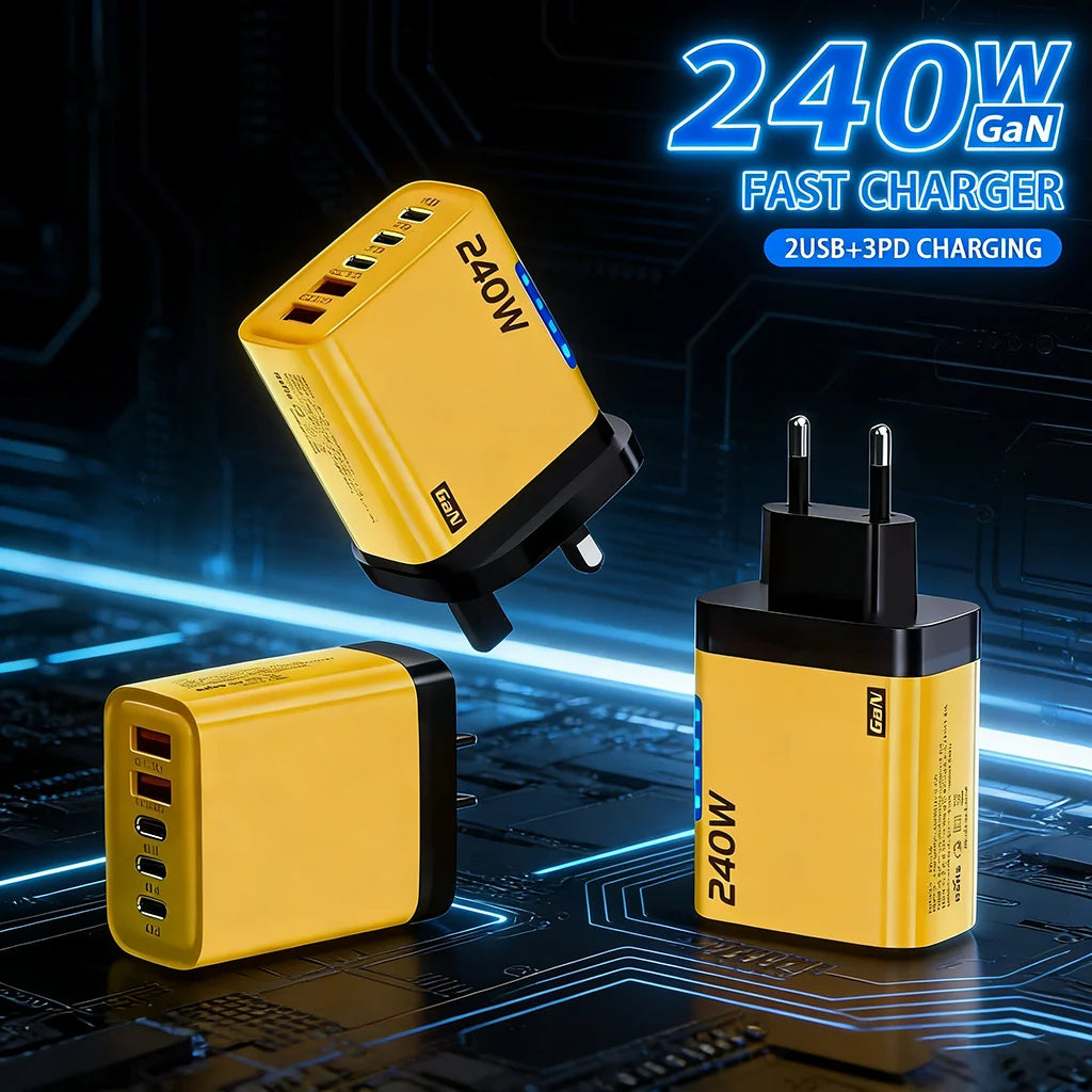 240W GaN Fast Charger 3 USB-C 2 USB-A Ports PD QC3.0 for iPhone 17 16 Galaxy S25 S24 Xiaomi 16 15 Huawei Mate 70 60 Oppo Vivo