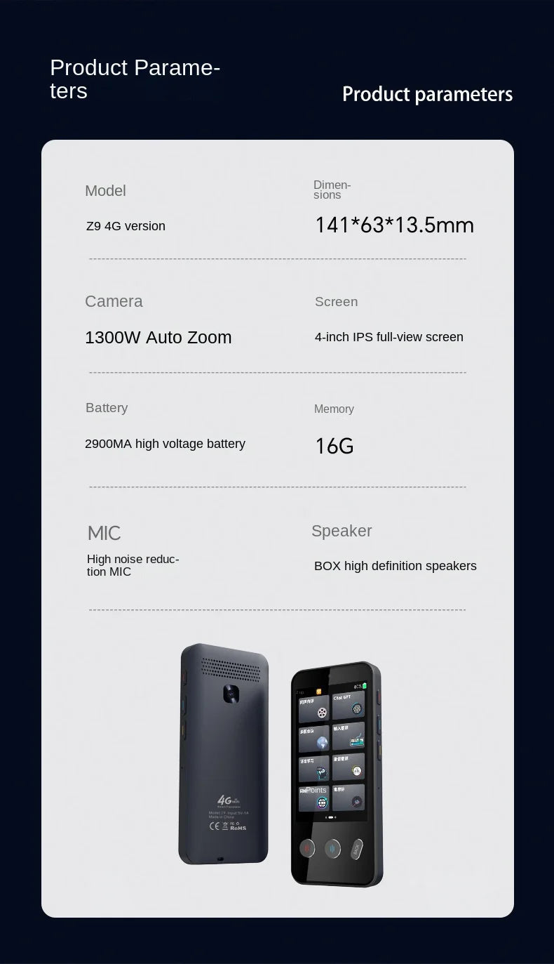 Smart Translator Z9 Global Languages Voice Intelligent Online Translation Machine Speech Translate Device Support 4G SIM Card