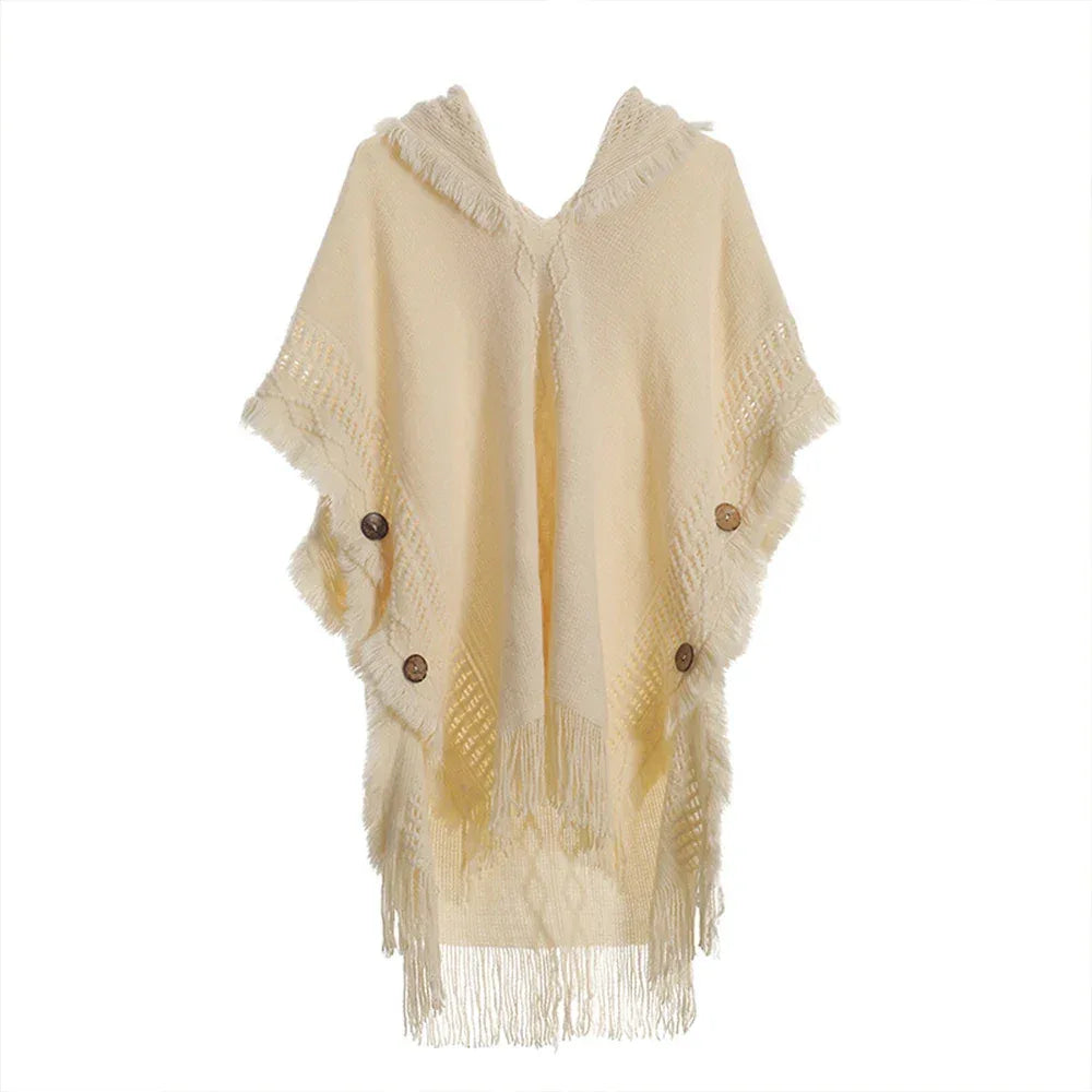 Women Knitted Cape Shawl Wrap Cloak Ethnic Hooded Poncho Hoody Jumper Sweater Tassels Dropshipping