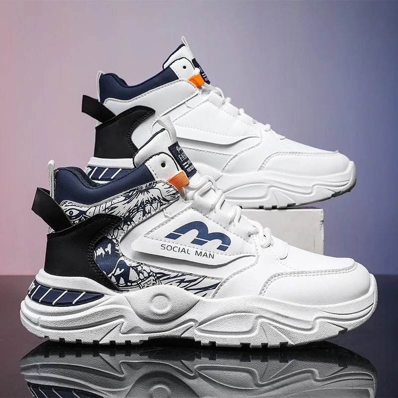 Men's Spring Breathable High Top White Sports Shoes Trendy All-Match Thick Sole Leisure Dad Sneakers