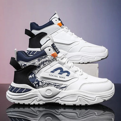 Men's Spring Breathable High Top White Sports Shoes Trendy All-Match Thick Sole Leisure Dad Sneakers