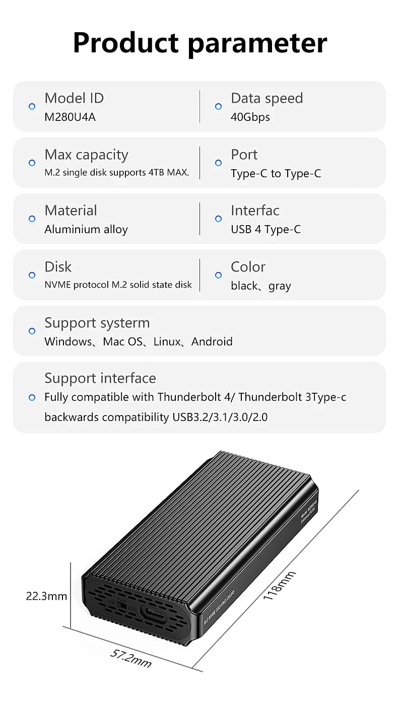 40Gbps USB 4.0 SSD Enclosure Thunderbolt USB-C M.2 NVMe SSD Case Compatible with USB 3.2/3.1/3.0 For Macbook iPad Phone Laptop