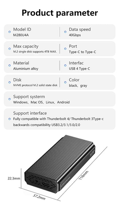 40Gbps USB 4.0 SSD Enclosure Thunderbolt USB-C M.2 NVMe SSD Case Compatible with USB 3.2/3.1/3.0 For Macbook iPad Phone Laptop