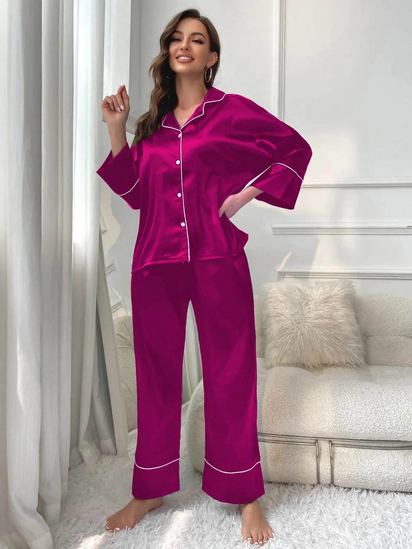 Women's Pajama Set Sleepwear Suit Loungewear Pj Set Satin Long Sleeve Tops With Pants 2 Pieces Pjs Pajamas for Women Pyjama