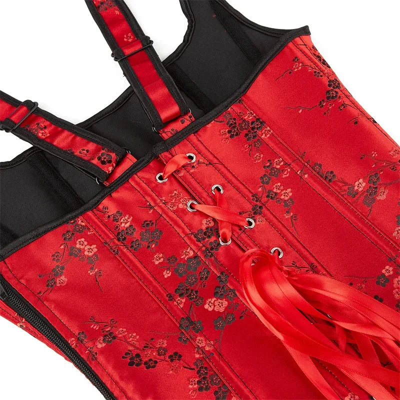 Corset Top Bustier Strap Embroidery Flower Plus Size Overbust Corselet Burlesque Sexy Lingerie Women Red Black DropShipping