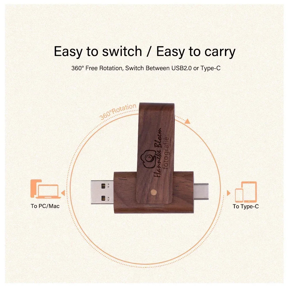 USB3.0 Wooden  TYPE-C Free Custom Logo USB 3.0 Flash Drive 128GB Rotatable Pen Drive 64GB Memory Stick Creative Gift Pendrive