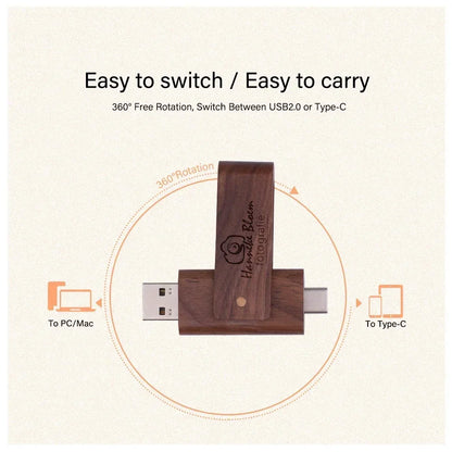 USB3.0 Wooden  TYPE-C Free Custom Logo USB 3.0 Flash Drive 128GB Rotatable Pen Drive 64GB Memory Stick Creative Gift Pendrive