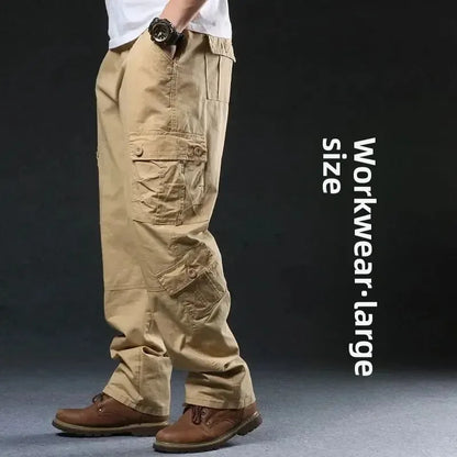 Cross-Border Men's Cargo Pants Spring Autumn Loose-Fit Pure Cotton Multi-Pocket Plus Size Straight-Leg Casual Pants