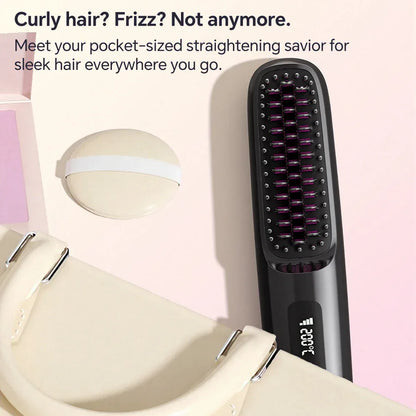 Rechargeable Hair Straightener Brush with 20s Fast Heating and 3 Temp Settings, Straightening Comb with Negative Ions for Women