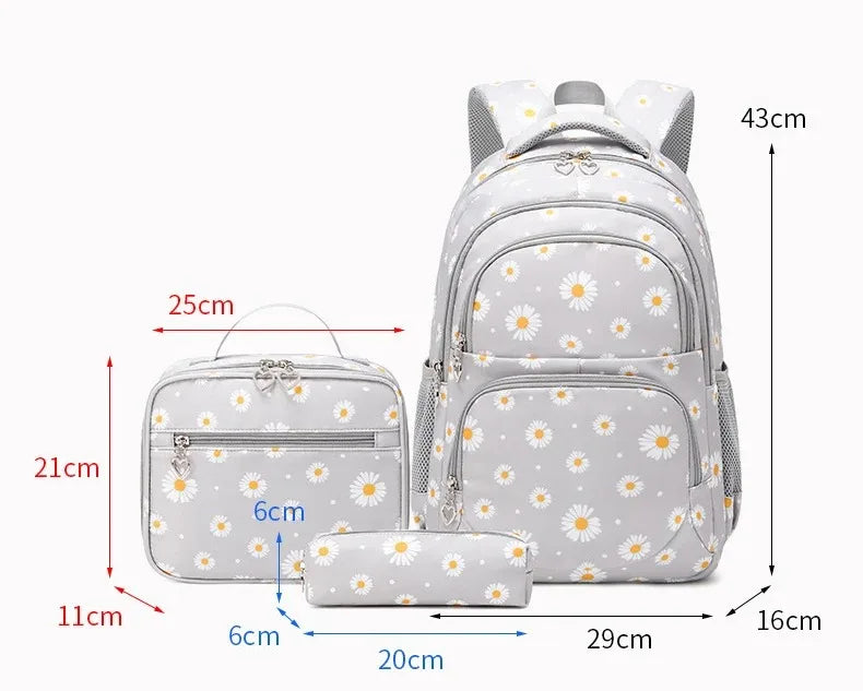 Daisy Pattern School Bag Backpack Pencil Case Handbag Three Piece Set Nylon Fabric Waterproof Boys Girl Teenagers Trend Backpack