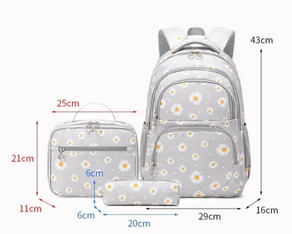 Daisy Pattern School Bag Backpack Pencil Case Handbag Three Piece Set Nylon Fabric Waterproof Boys Girl Teenagers Trend Backpack