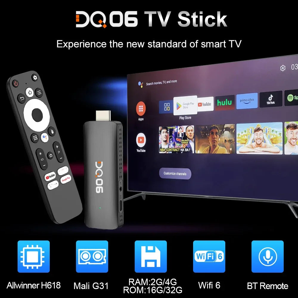 DQ06 ATV Mini TV Stick Android12 Allwinner H618 Quad Core Cortex A53 Support 8K Video 4K Wifi6 BT Remote TVBox Media player