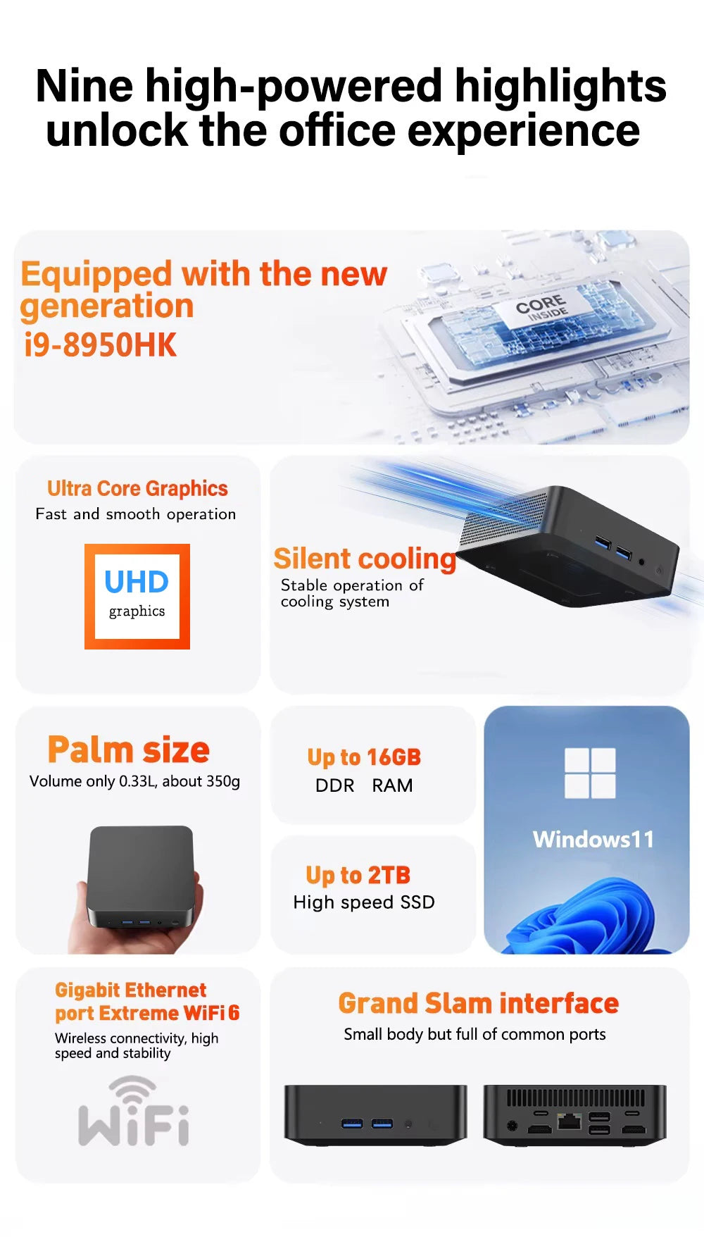 New Windows 11 Pro Portable Mini PC Gamer Core i9 8950HK i3 6100 Mini Computer 16GB RAM 1TB SSD 1000M Ethernet Gaming PC Desktop