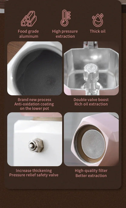 BINCOO Dual Valve Moka Pot Square Coffee Pot Espresso Pot Coffee Extraction Maker Set Electric Stove 220v Italian Home Barista