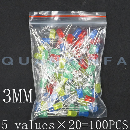 100PCS 3MM 5MM LED F3 F5 round super bright red, green, yellow, blue and white LED 20 each