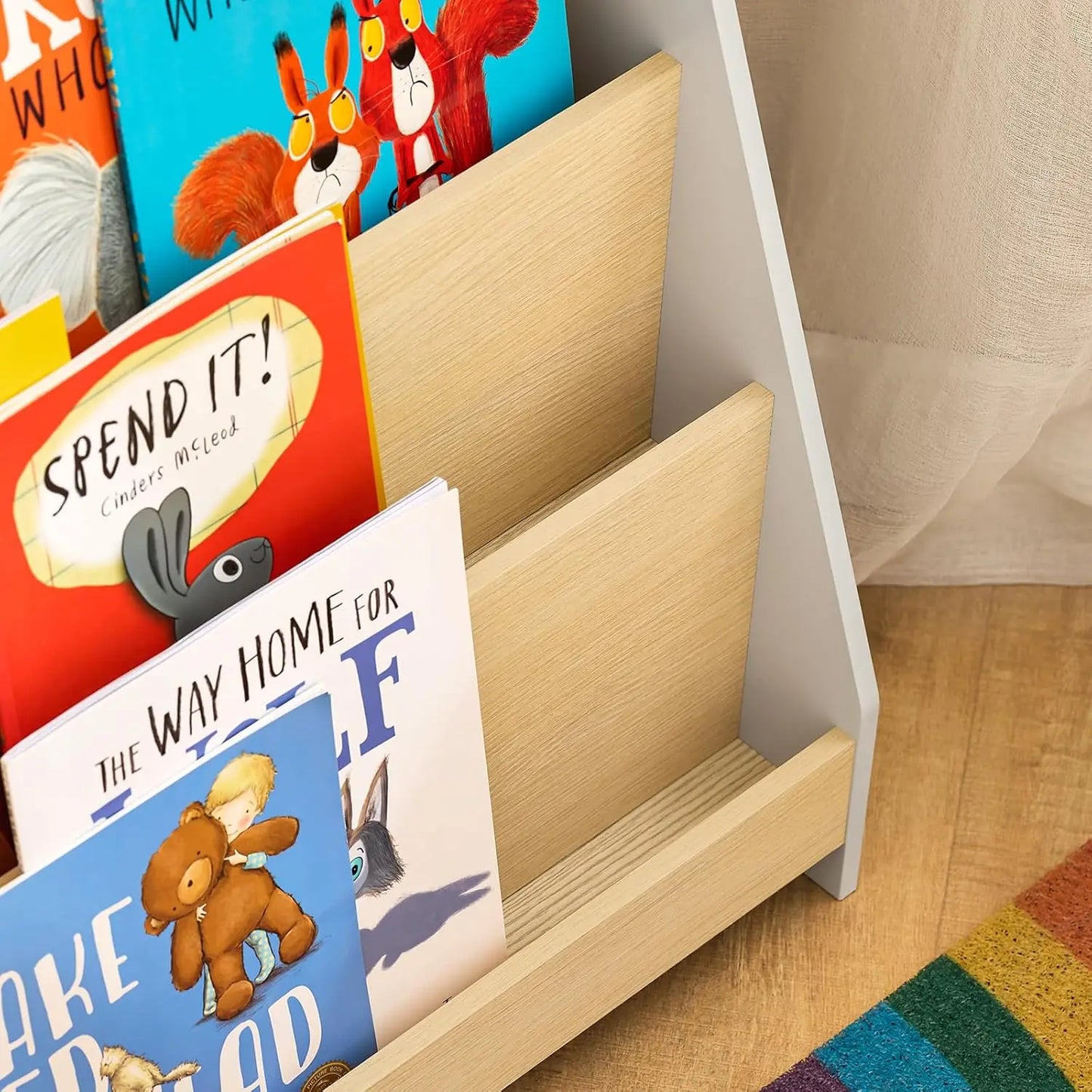Children's bookshelf, Storage Furniture with 4 levels of open compartments, 61x30x71cm, White + wood color