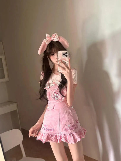 Sweet Girl Pink Overall Skirt Set Kawaii Strawberry Embroidery Ruffle Hem Cute Cartoon Print Jumper Outfit Summer Y2k Outfits