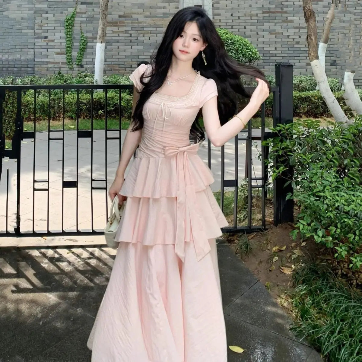 Pink Square Collar Korean Style Long Dress Women Japan Style Sweet Elegant Fairy Dress Female Fashion Summer Casual Party Dress