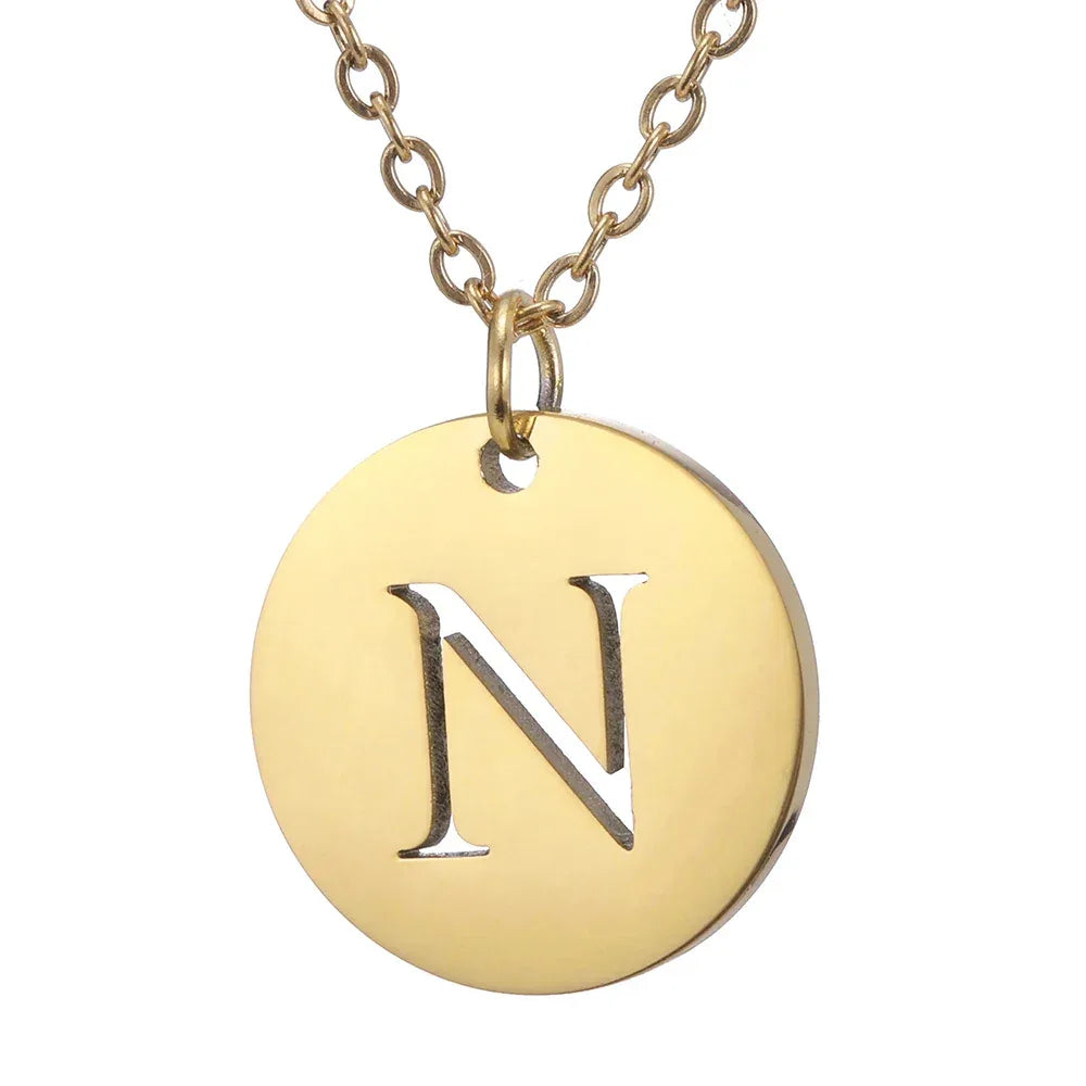 New Trend Stainless Steel Gold Silver Color Initials Necklace Hollow Round 26 Letter Pendant Necklace Jewelry Christmas Gift