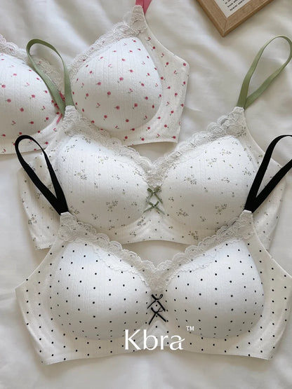 Lace Contrast Floral Print Lingerie for Women, Small Chest Gathering, Seamless and Underwire Bra