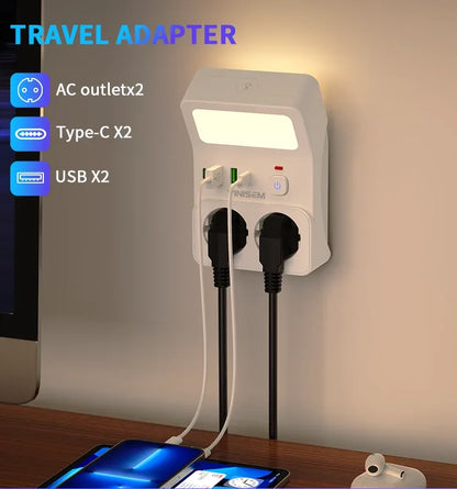Wall Socket Power Strip with 2 AC Outlets 2 USB Ports 2 Type-C EU Plug Charger Electrical Switch For Home Power Socket