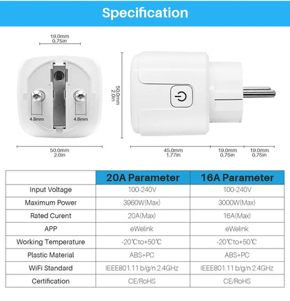 eWelink 16A/20A Smart Plug WiFi EU Socket With Power Monitoring Timing Function Support Alexa Google Home Alice SmartThimgs IFTT