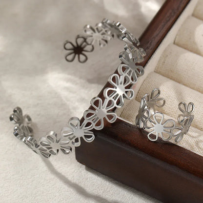 Stainless Steel Bracelet Rings Set Hollow Flowers Unusual Retro Bracelet Ring For Women Jewelry Non-fading High-quality Gift New