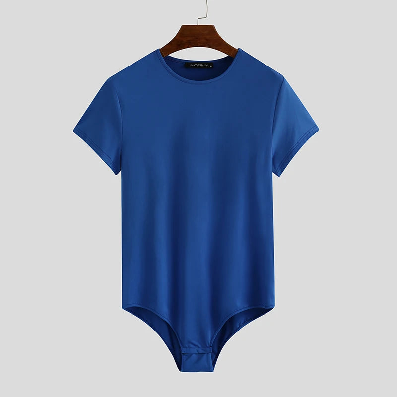 INCERUN Men Bodysuit Solid Color Pajamas Sexy 2023 Breathable Short Sleeve O-neck Rompers Underwear Fitness Men Bodysuits S-5XL