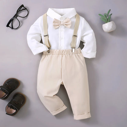 Summer   0-1  Years   Old   Infant   Baby   Boys   Long  Shirt   And   Strap  Pants   Little   Gentleman   2-Piece    Set