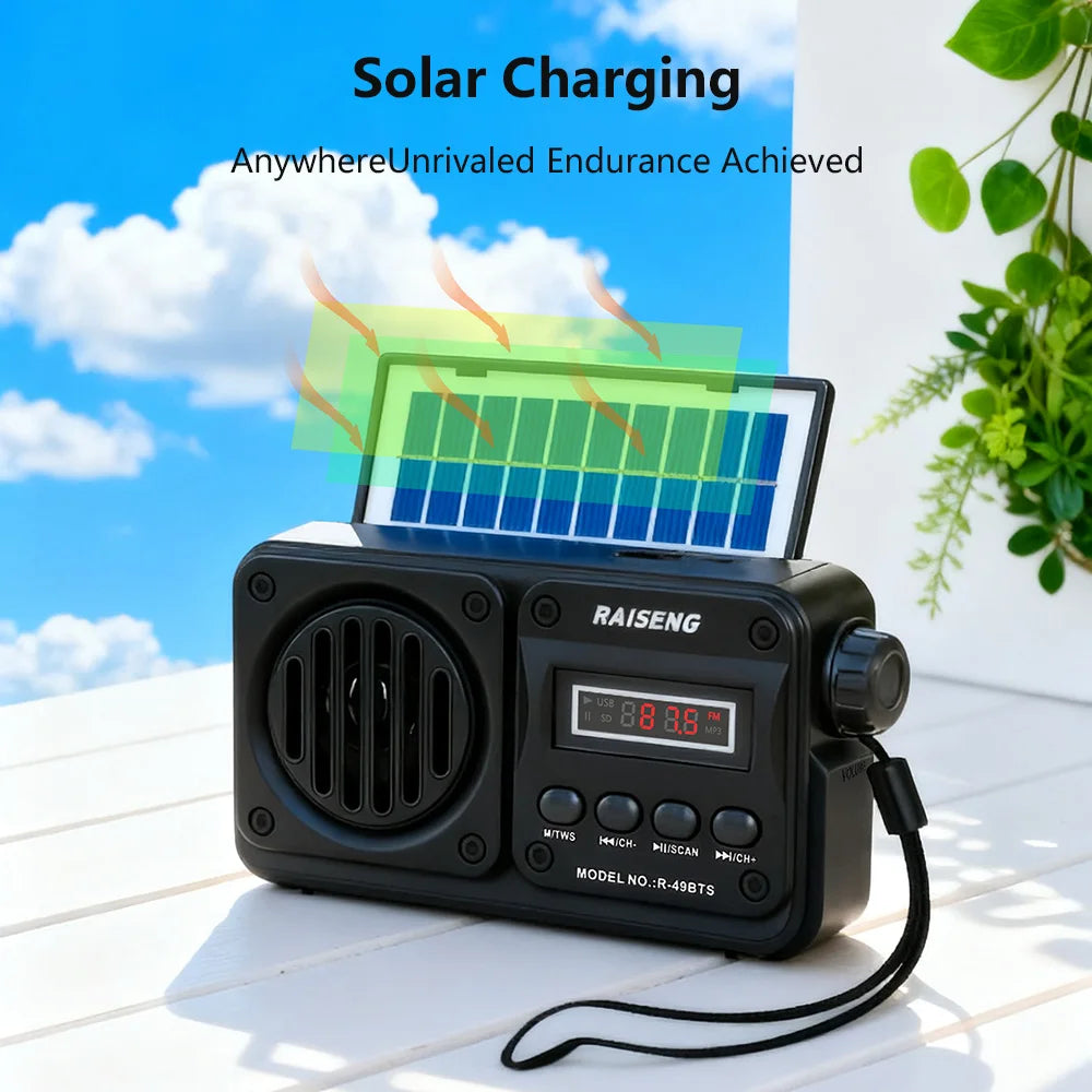 Solar Charging FM Radio Bluetooth Speaker with USB/TF MP3 Playback, Rechargeable Radio Receiver Portable Design for Home&Outdoor