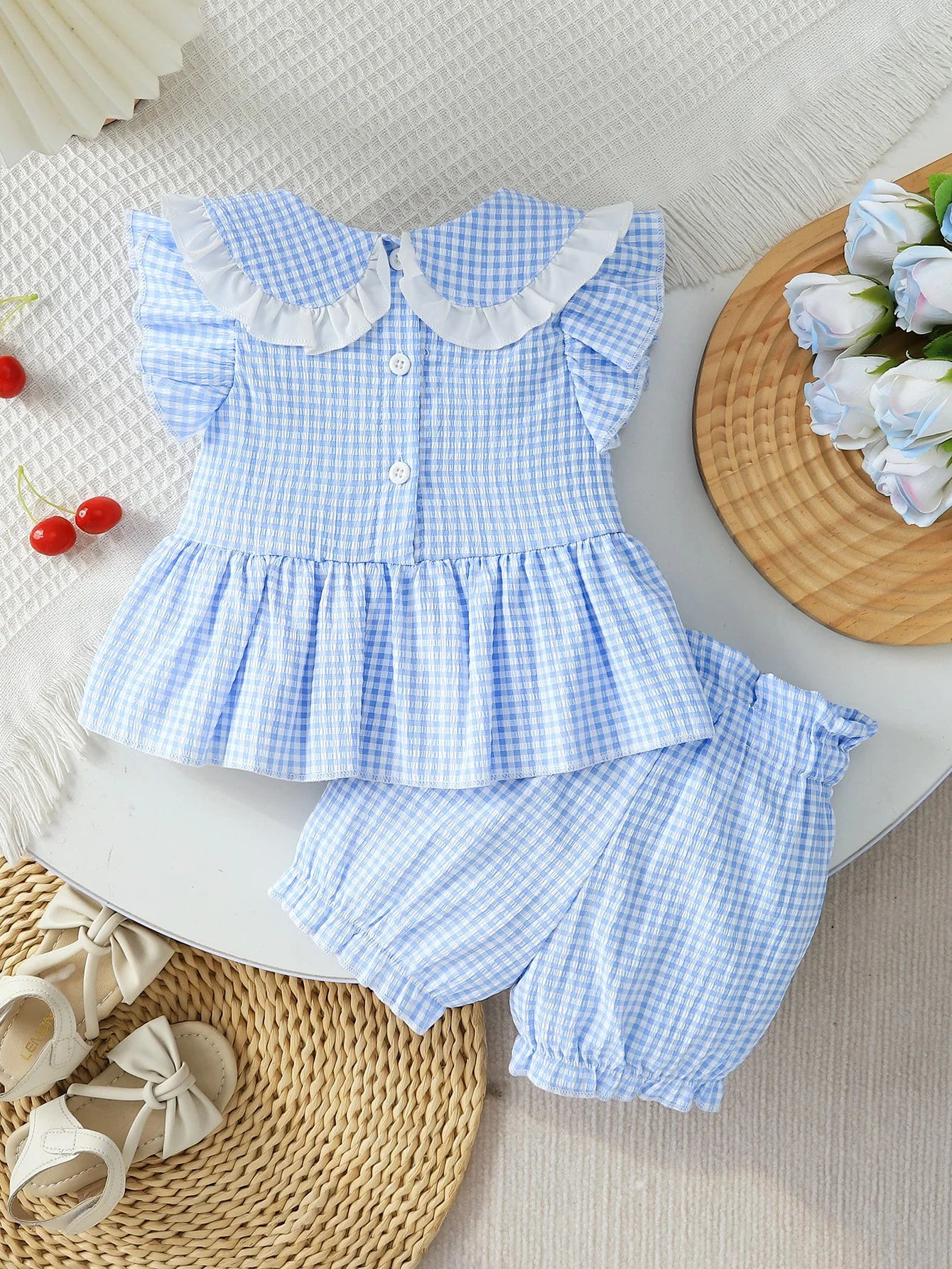 Summer Baby Girls 2Pcs Set 9-12M Blue Gingham Cherry Embroidered Ruffle Top & Bloomers  Infant Casual Daily Wear