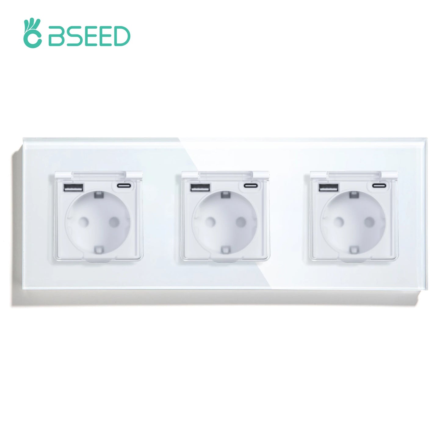 BSEED Single EU Wall Socket USB Type-c Ports Double Waterproof Cover Bathroom Power Sockets Triple Glass Electric Outlets 16A