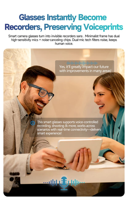 Lunettes intelligentes IA avec caméra 8 MP, enregistrement vidéo, traduction, appels Bluetooth et lecture de musique. Modèle unisexe.