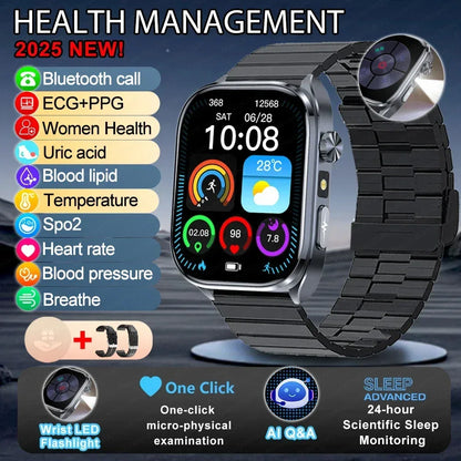 New Uric Acid Blood Lipids AI-GPT ECG Smartwatch Micro Physical Examination Body Analysis Men BT Call LED Flashlight Smartwatch