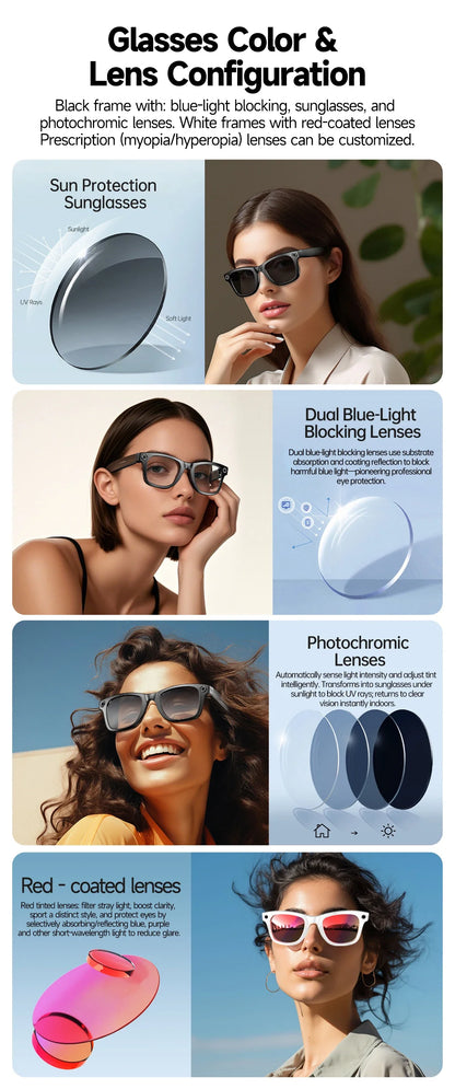 Lunettes de soleil intelligentes 2025 avec intelligence artificielle, caméra vidéo 8 MP, traduction, appels Bluetooth, lecture de musique, enregistrement vidéo (plus de 100 vidéos) pour hommes et femmes.