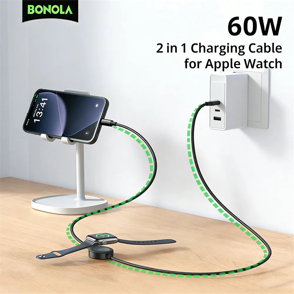 Bonola 2 in 1 Watch Wireless Charger for Apple Watch Ultra 10/9/8/7 60w Fast Charging Type C to C Cable for iPhone 17/16/15 Pro