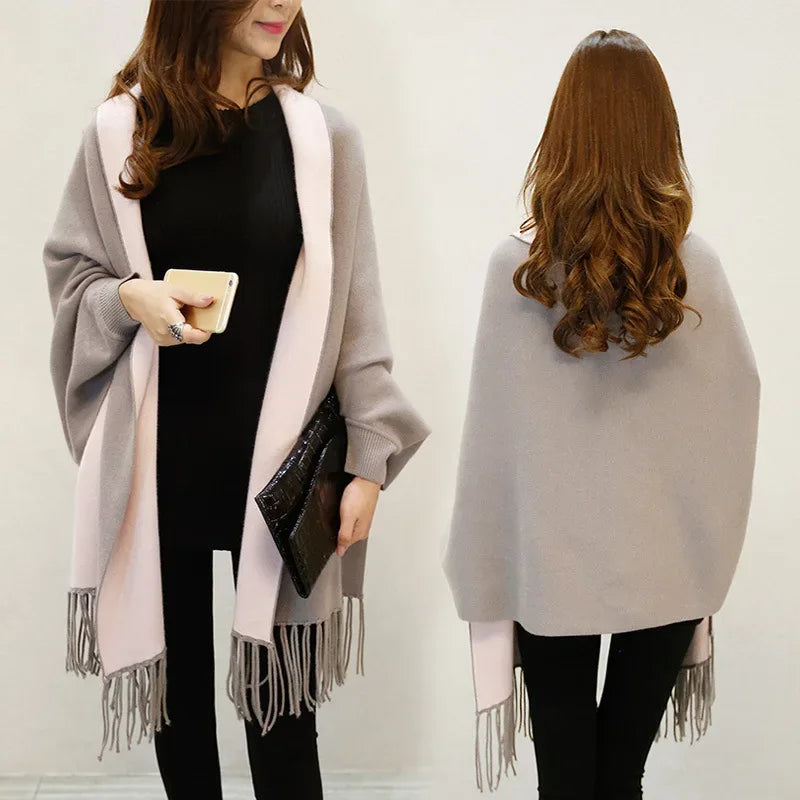 Autumn Winter Tassel Long Sweater Cardigans Casual Korean Long Sleeve Cloak Patchwork Knitwear Coats Outwaer LMFS-LM-8015
