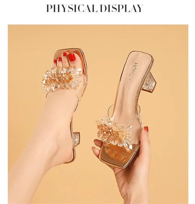 2023 Summer Square Head Open Toe Fashion Transparent Soft Flower Women's Slippers Crystal Heel New High Heel Sandals
