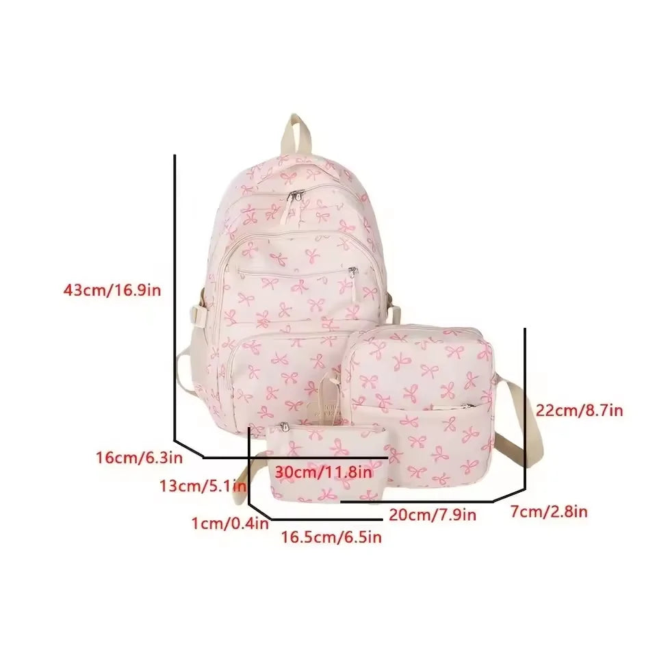 3 Pcs/Set Cute girl Large Capacity Backpack Bow Print Nylon Schoolbag Adjustable Strap Women daily Campus Backpack